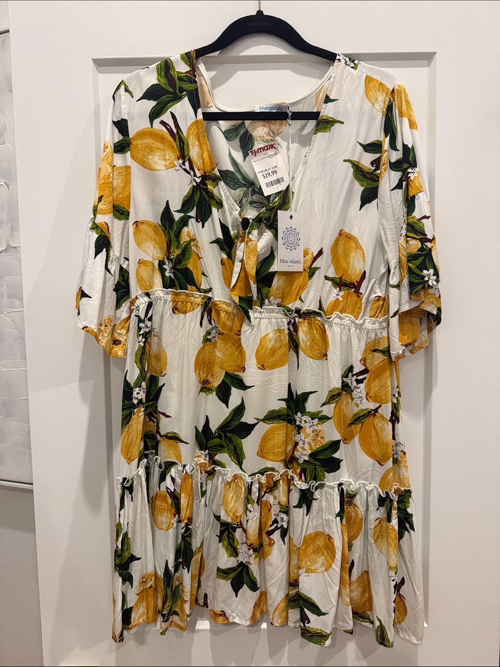 blue island White Lemon Print Tiered Dress with Green Leaves